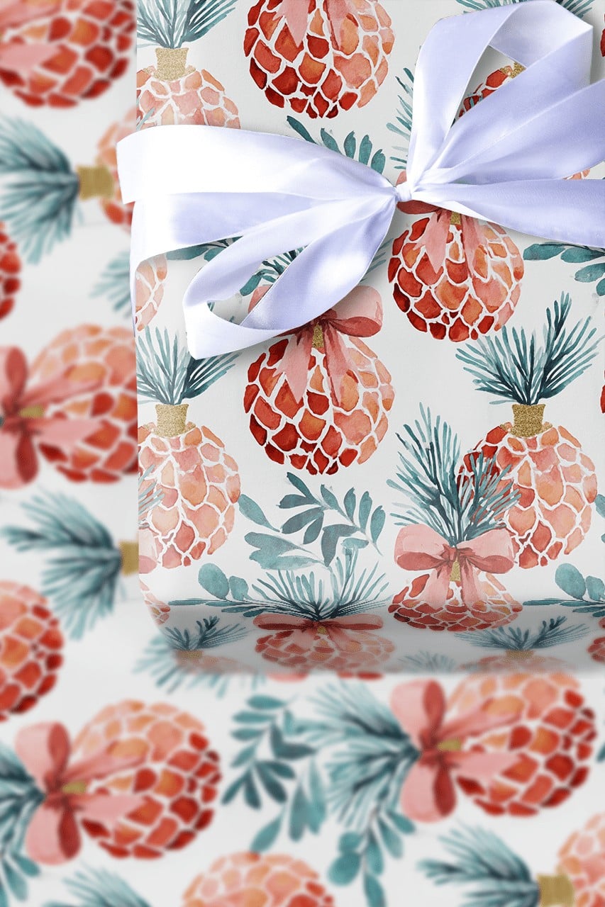 Tropical Holiday Gift Wrap, Christmas Pineapple Wrapping Paper, Watercolor Pineapple Wrapping Paper, Festive Winter Adorable 