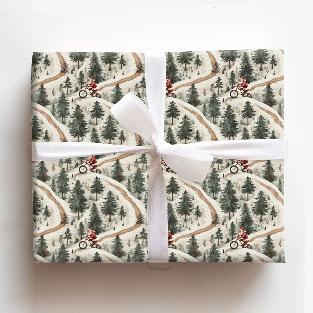 MTB Christmas Gift Wrap, Mountain Biking Santa Wrapping Paper, Snowy Forest Bike Holiday Wrapping Paper, Winter Sports Santa 