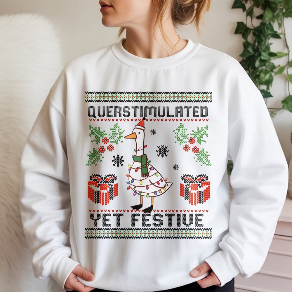 Humorous Christmas Bird Sweater, Overstimulated Yet Festive Goose Sweatshirt, Quirky Holiday Goose Crewneck, Duck Lover Xmas 