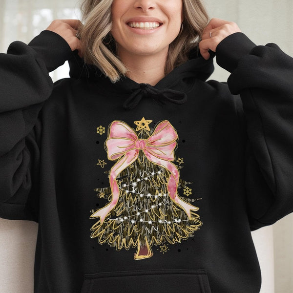 Pink Ribbon Hunting Sweatshirt, Camo Christmas Tree Coquette Bow Hoodie, Trendy Xmas Tree Pullover, Adorable Holiday Country 