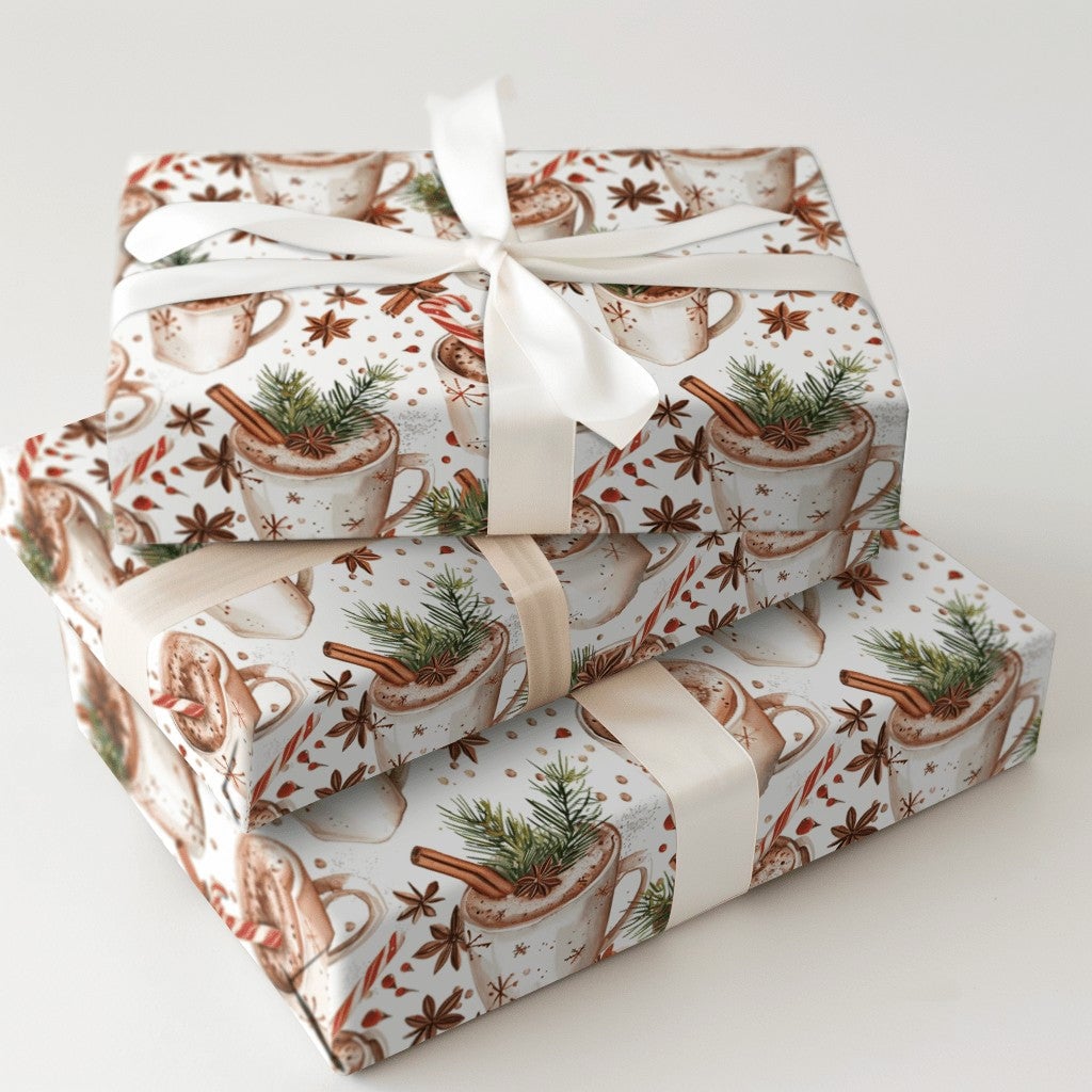 Comfy Winter Mug Gift Wrap, Hot Chocolate Christmas Wrapping Paper, Watercolor Cocoa Holiday Wrapping Paper, Festive Winter P