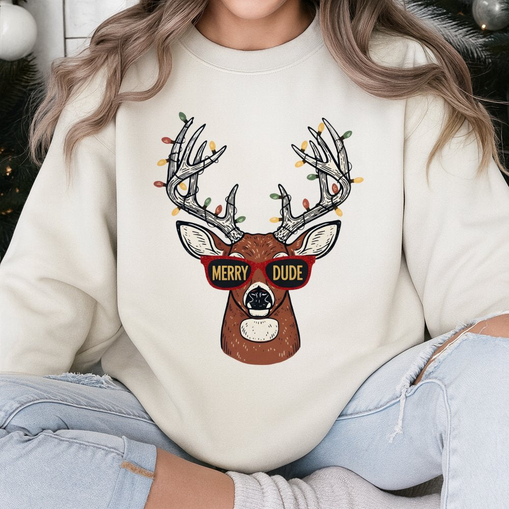 Humorous Christmas Deer Sweatshirt, Merry Dude Reindeer Sweatshirt, Holiday Hunting Crewneck, Retro Reindeer Sweater, Christm