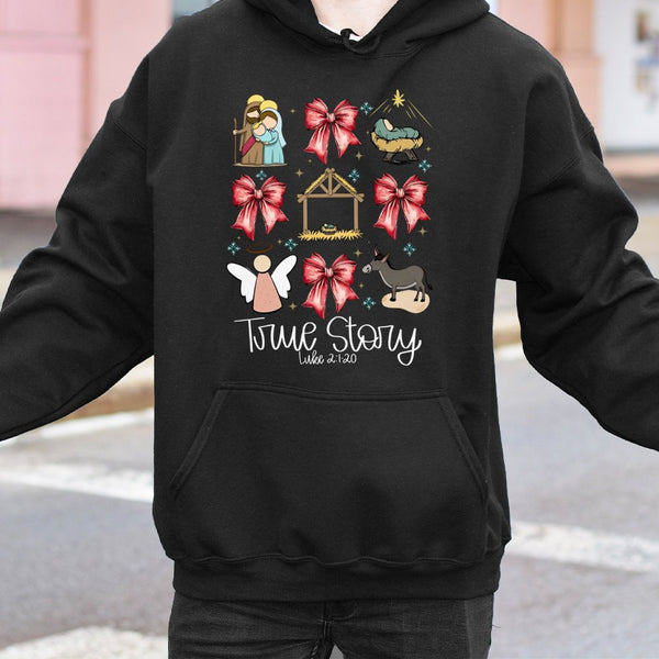 Nativity Scene Coquette Bow Sweatshirt, True Story Christmas Hoodie, Christian Religious Holiday Pullover, Faith Xmas Hoodie