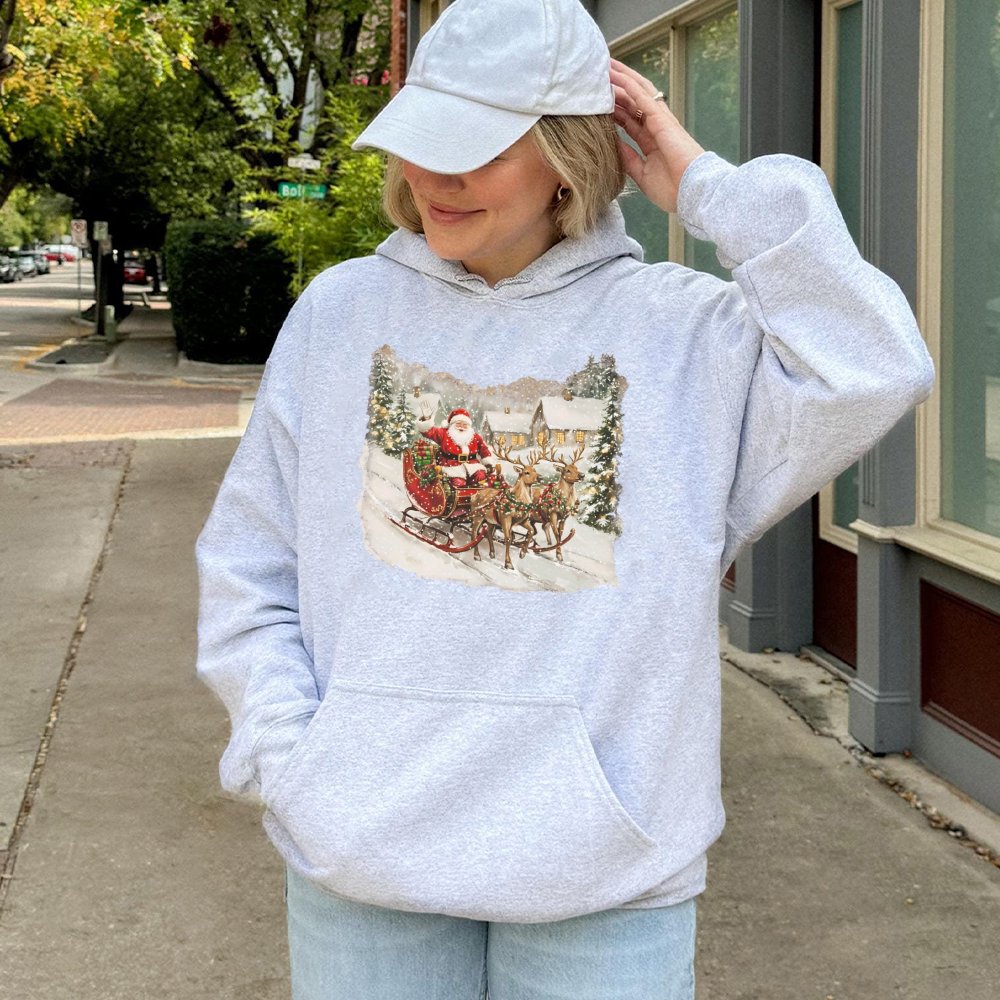 Snowy Christmas Village Hoodie, Vintage Santa Claus Sleigh Hoodie, Retro Santa Graphic Hoodie, Holiday Winter Sweatshirt, Xma