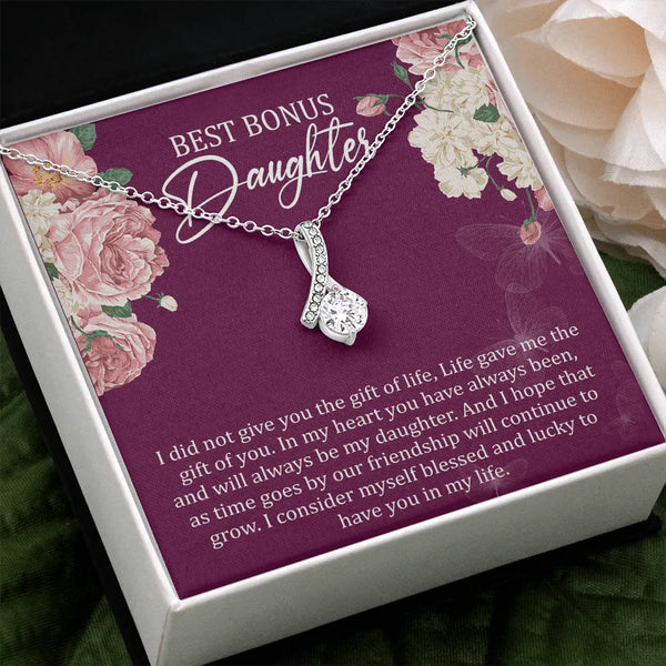 14k White Gold Over Stainless Steel Forever Love Pendant, Bonus Daughter Ribbon Necklace, Stepdaughter Birthday Christmas Jew