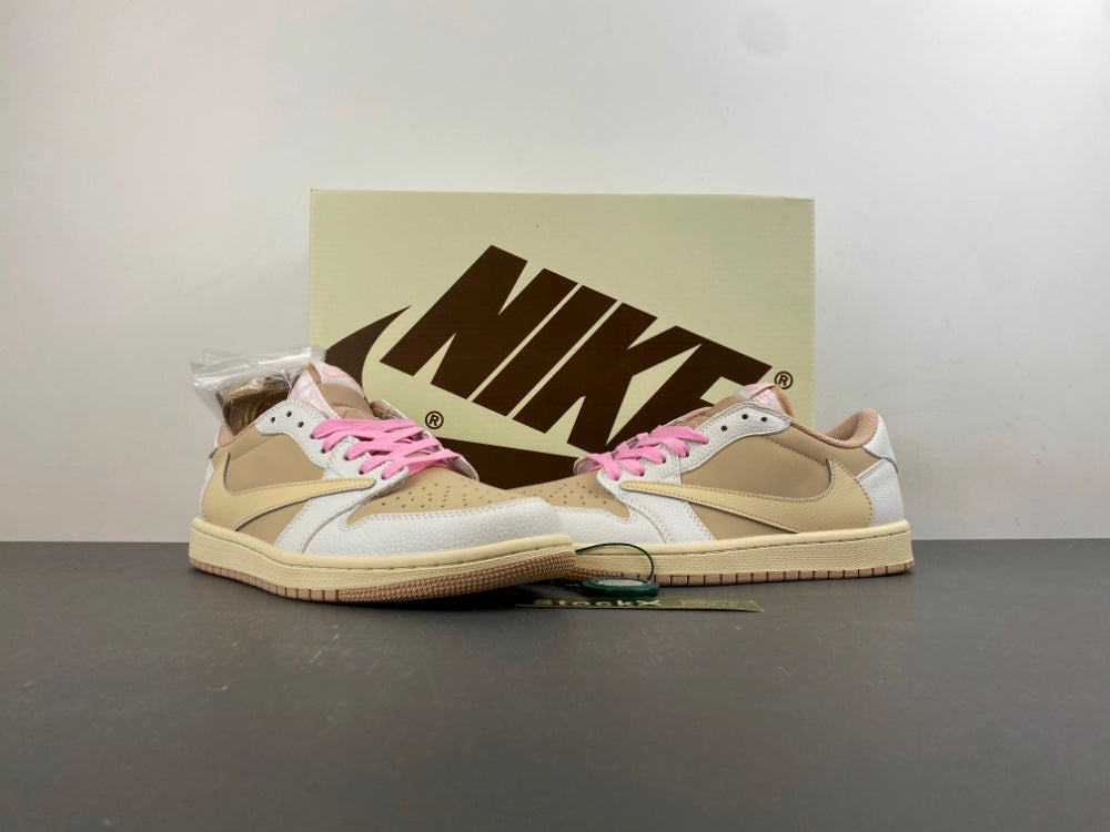 Low Top Sneakers, Khaki White Pink Colorway, Reverse Hook Design, Lace Up Design, Casual Gift for Sneaker Fans