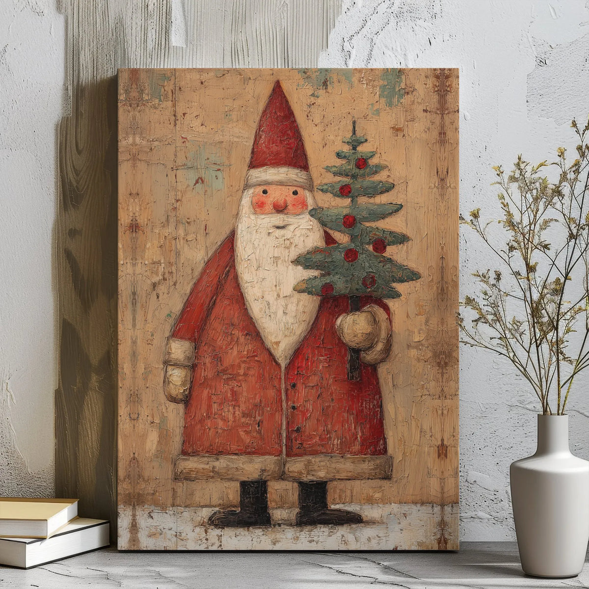 Rustic Santa Canvas Print, Vintage Santa Claus Canvas Art, Christmas Tree Canvas Wall Art, Traditional Holiday Wall Decor, Wi