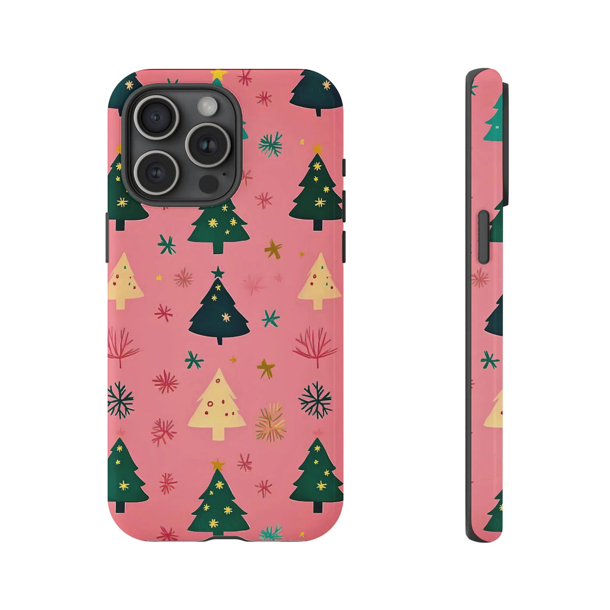 Whimsical Holiday Snowflake Pattern Case, Pink Christmas Tree Phone Case for iPhone, Girly Xmas Tough Phone Cover, Festive Pr