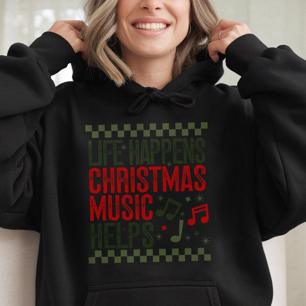 Retro Holiday Music Hoodie, Life Happens Christmas Music Helps Hoodie, Festive Christmas Song Sweatshirt, Adorable Xmas Music