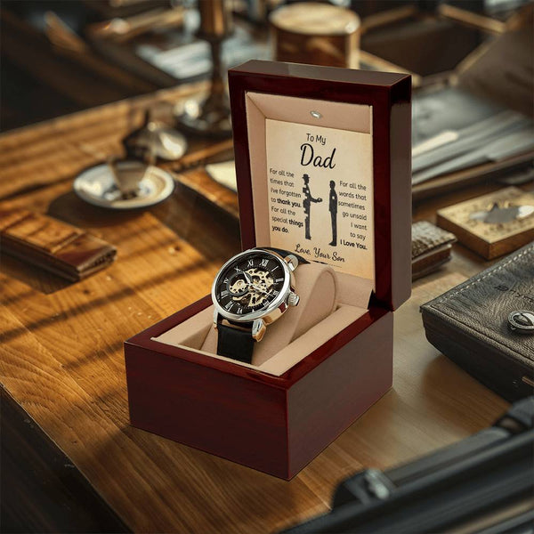 Openwork Mechanical Timepiece, Dad Automatic Skeleton Watch, Genuine Leather Band Dad Watch, LED Mahogany Box Christmas Prese