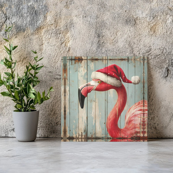 Rustic Wood Tropical Holiday Canvas Wall Art, Christmas Santa Hat Flamingo Canvas Art, Coastal Xmas Print, Pink Flamingo Love