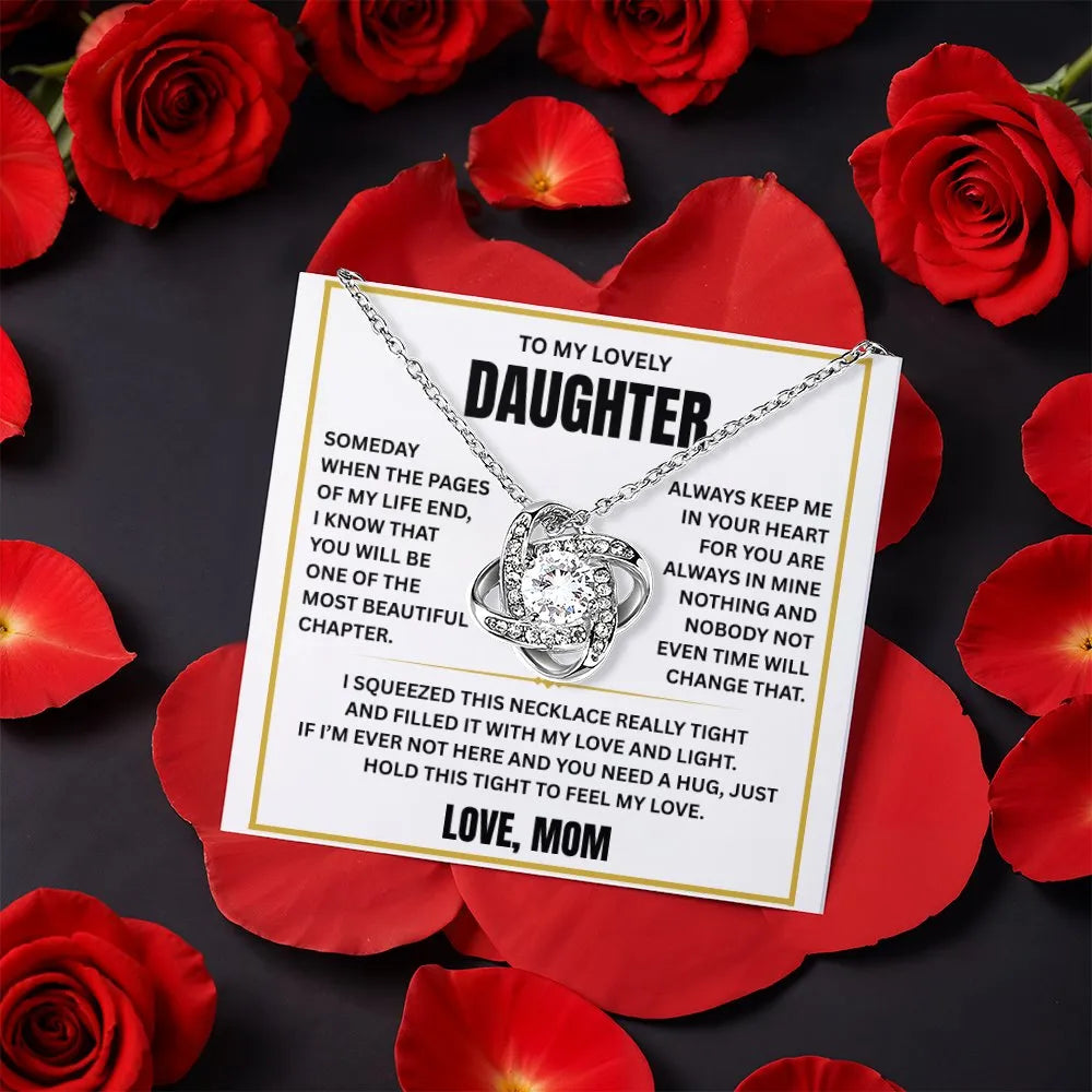 Rotating Rose Gift Box Gold Knot Pendant, Daughter Love Knot Necklace, Meaningful Daughter Jewelry, Birthday Christmas Keepsa