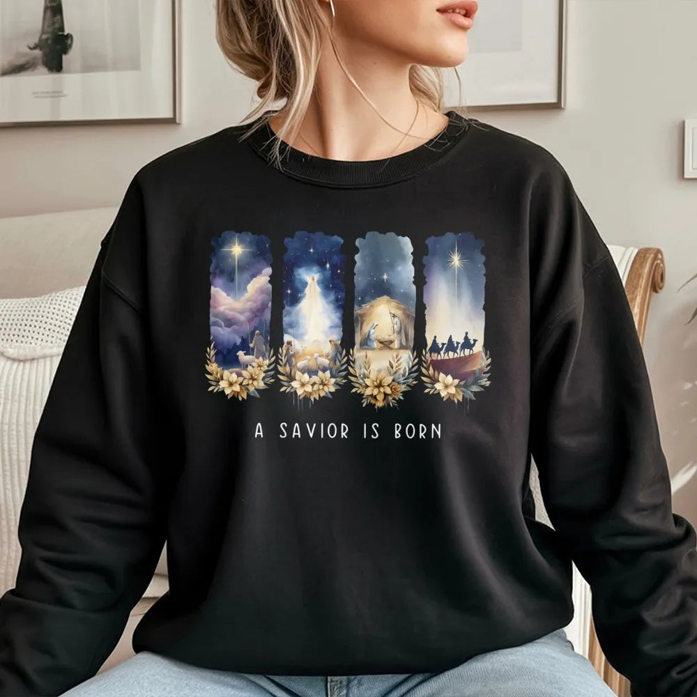 Watercolor Nativity Scene Sweater, A Savior Is Born Nativity Sweatshirt, Christian Christmas Crewneck Pullover, Faith Holiday