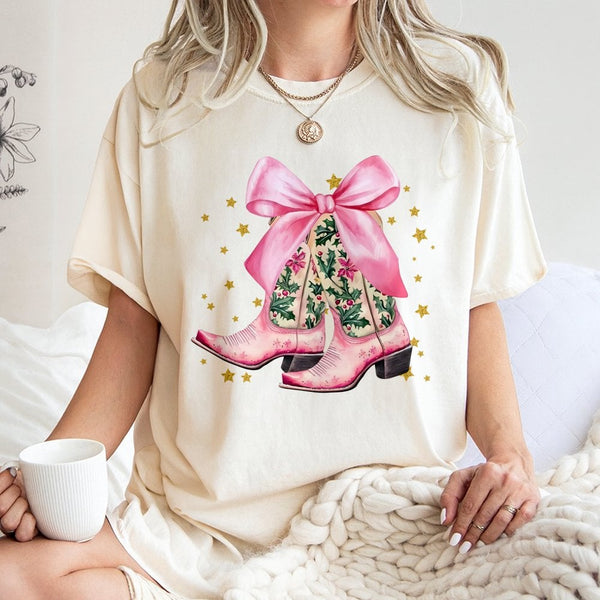 Western Holiday T-Shirt, Pink Cowboy Boots Christmas Shirt, Adorable Bow Graphic Tee, Country Cowgirl Christmas Shirt
