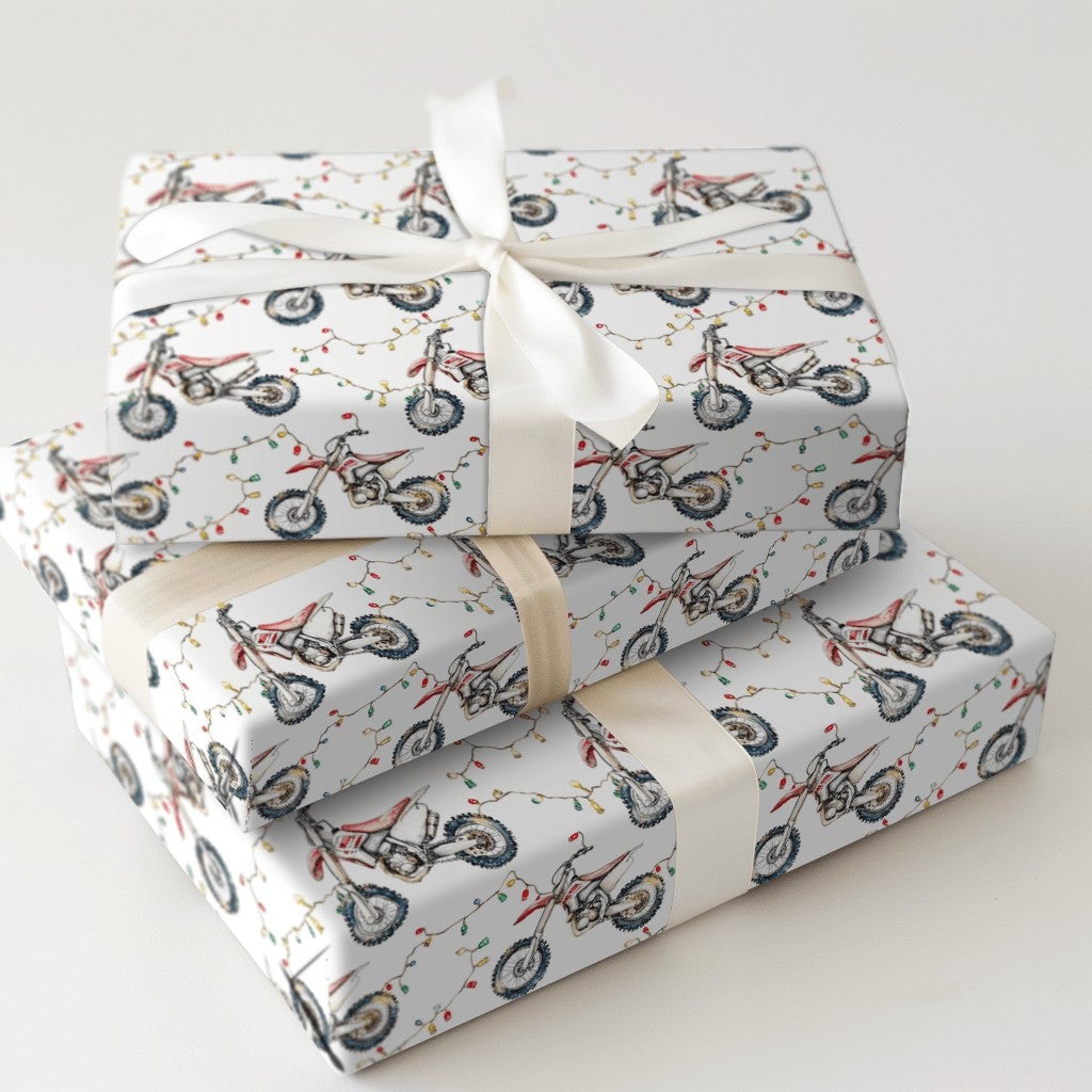 Dirt Bike Holiday Gift Wrap Roll, Motocross Christmas Wrapping Paper, Christmas Lights Dirt Biker Present Paper, Racing Theme