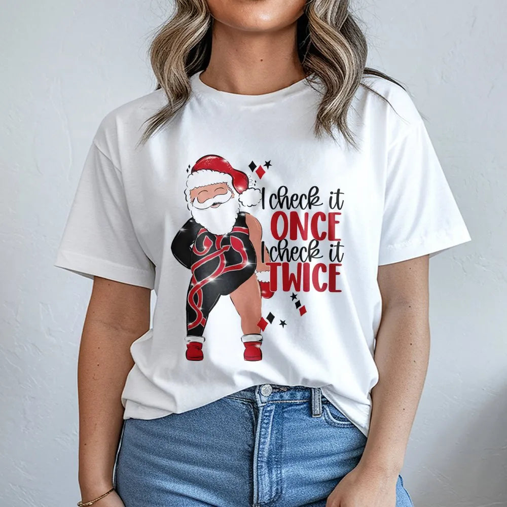 Sassy Christmas Graphic T-Shirt, I Check It Twice Santa T-Shirt, Humorous Holiday Party Shirt, Retro Xmas Tee, Holiday Presen