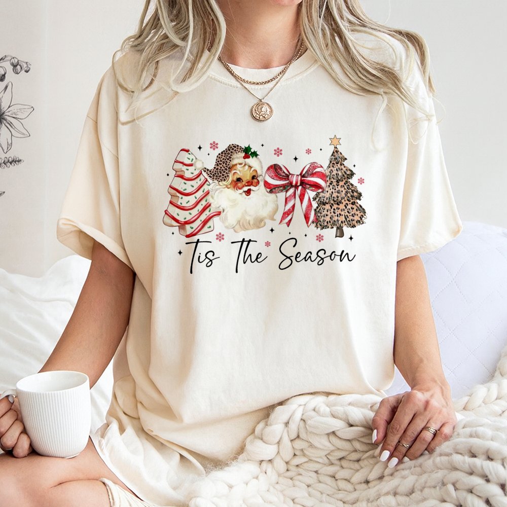 Coquette Bow Holiday Graphic Tee, Retro Santa Leopard Print Christmas Tree T-Shirt, Trendy Western Xmas Shirt, Adorable Festi
