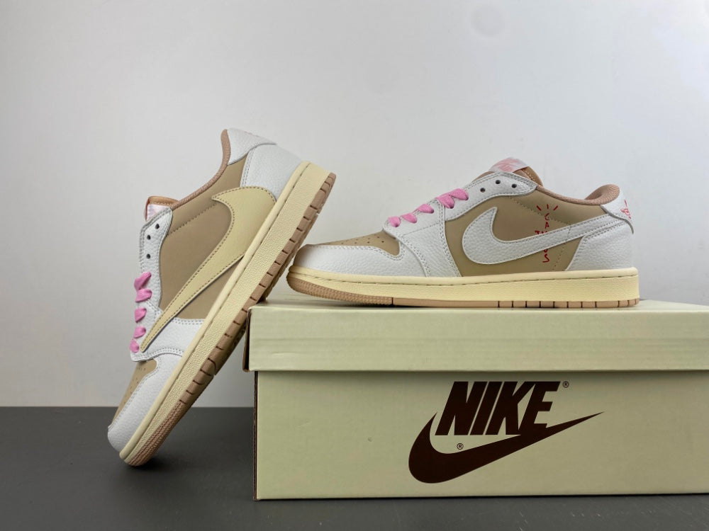 Low Top Sneakers, Khaki White Pink Colorway, Reverse Hook Design, Lace Up Design, Casual Gift for Sneaker Fans