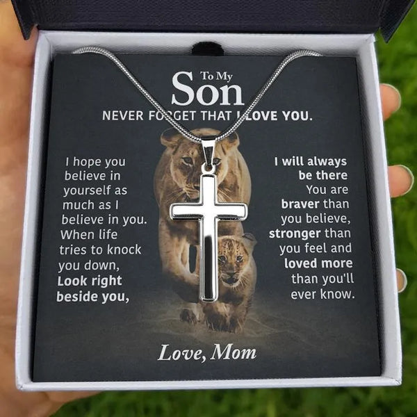 Stainless Steel Cross Necklace, Lion Cross Necklace for Son, Inspirational Faith Cross Necklace, Son Birthday Christmas Prese