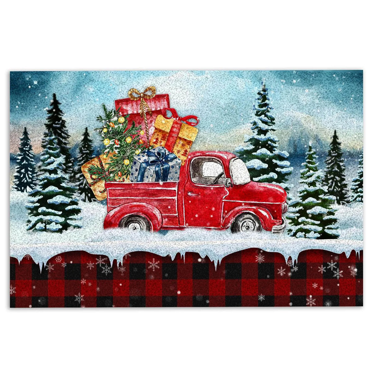 Buffalo Plaid Tartan Welcome Mat, Christmas Red Truck Doormat, Winter Christmas Entryway Mat, Farmhouse Christmas Floor Mat, 