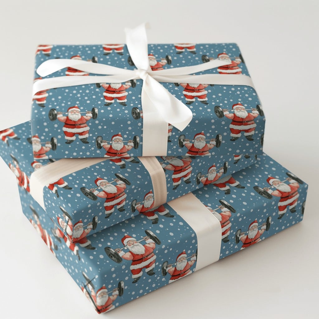 Fitness Christmas Gift Wrap, Weightlifting Santa Wrapping Paper, Humorous Gym Holiday Present Paper, Barbell Workout Xmas Gif
