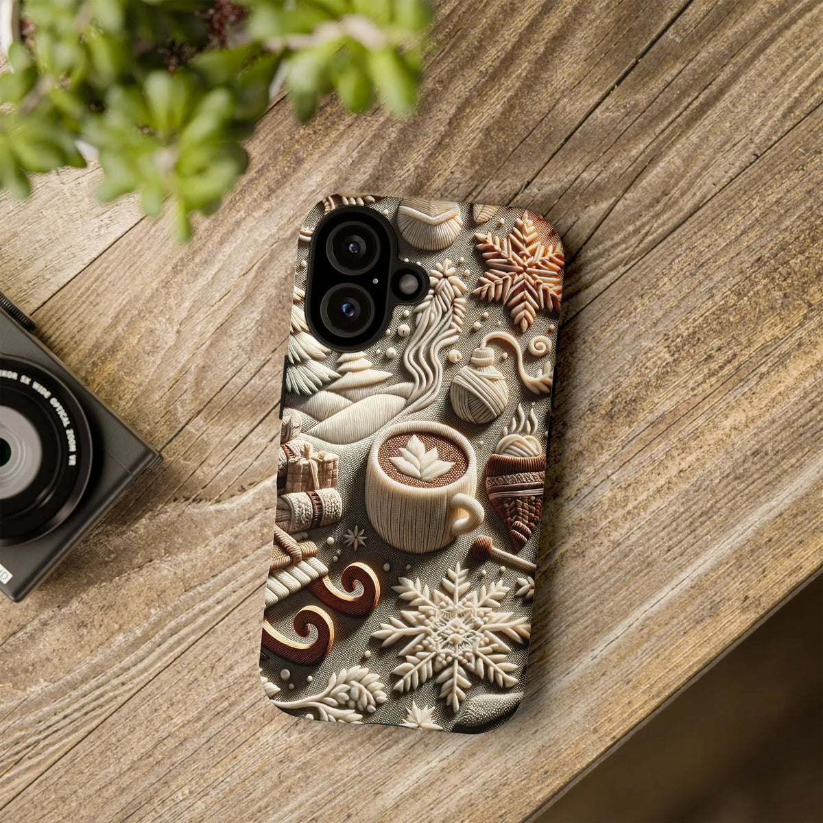 3D Relief Winter Cup iPhone Case, Snowflake Coffee Latte Phone Case, Comfy Christmas Beverage Tough Phone Cover, Coffee Lover
