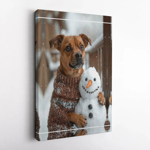 Winter Wonderland Dog Canvas Wall Art, Dog Hugging Snowman Canvas Print, Comfy Holiday Pet Wall Canvas, Adorable Christmas De