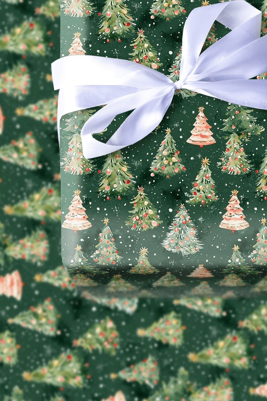 Forest Tree Holiday Gift Wrap, Watercolor Christmas Tree Wrapping Paper, Snowy Winter Wrapping Paper, Festive Xmas Gift Wrap 