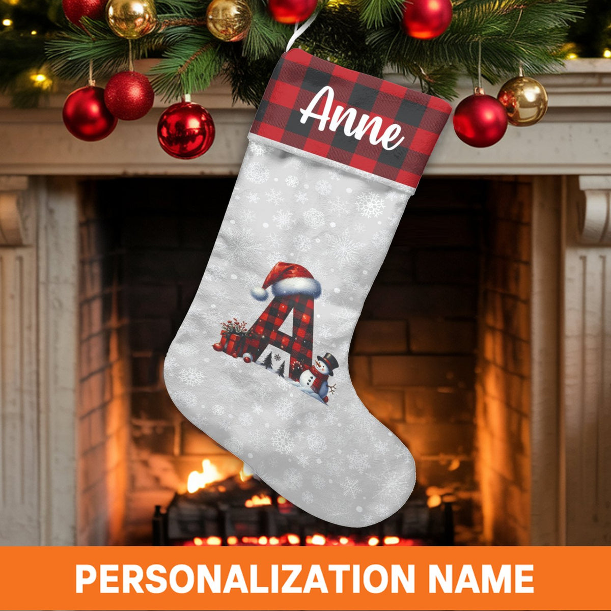 Buffalo Plaid Monogram Stocking, Personalized Letter A Christmas Stocking, Custom Name Holiday Stocking, Rustic Family Christ