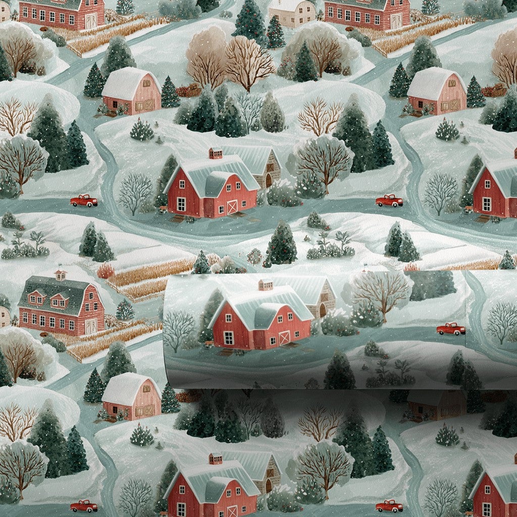 Rustic Farmhouse Gift Wrap, Winter Barn Christmas Wrapping Paper, Snowy Village Holiday Wrapping Paper, Country Landscape Pre