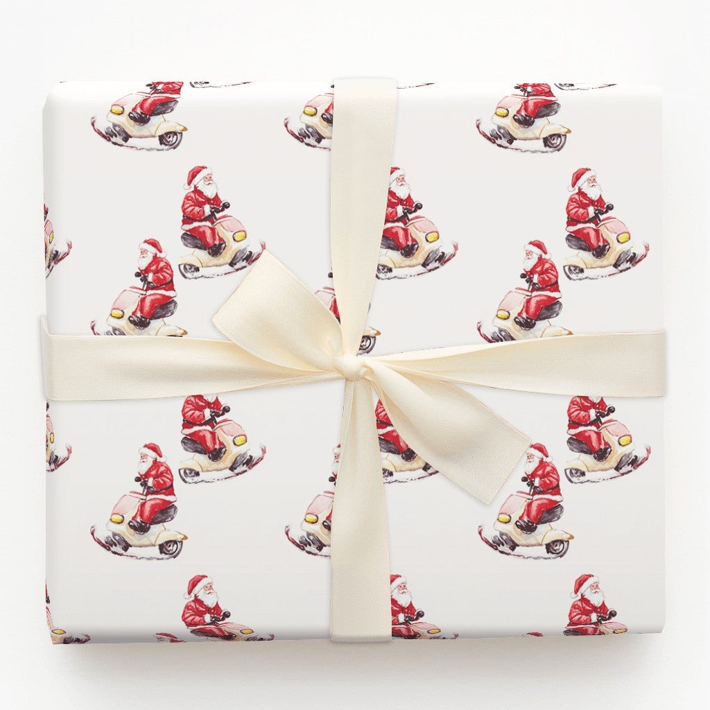 Watercolor Santa Scooter Gift Wrap, Santa Riding Scooter Wrapping Paper, Whimsical Christmas Wrapping Paper, Holiday Present 