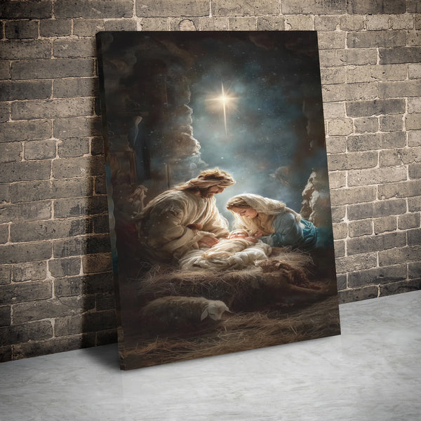 Holy Family Stable Canvas Print, Nativity Scene Canvas Wall Art, Christmas Nativity Religious Canvas Decor, Christian Holiday