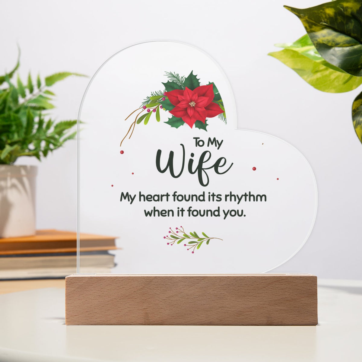 Poinsettia LED Night Light Plaque, To My Wife Christmas Heart Acrylic Plaque, Romantic Wife Acrylic Heart Plaque, Holiday Pre
