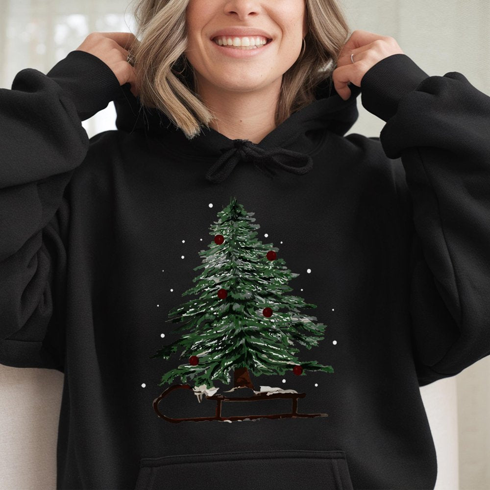 Watercolor Winter Sled Hoodie, Christmas Tree Hoodie, Holiday Sledding Pullover, Comfy Winter Christmas Hoodie, Merry Xmas Se
