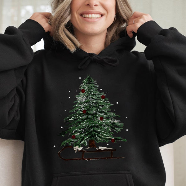 Watercolor Winter Sled Hoodie, Christmas Tree Hoodie, Holiday Sledding Pullover, Comfy Winter Christmas Hoodie, Merry Xmas Se