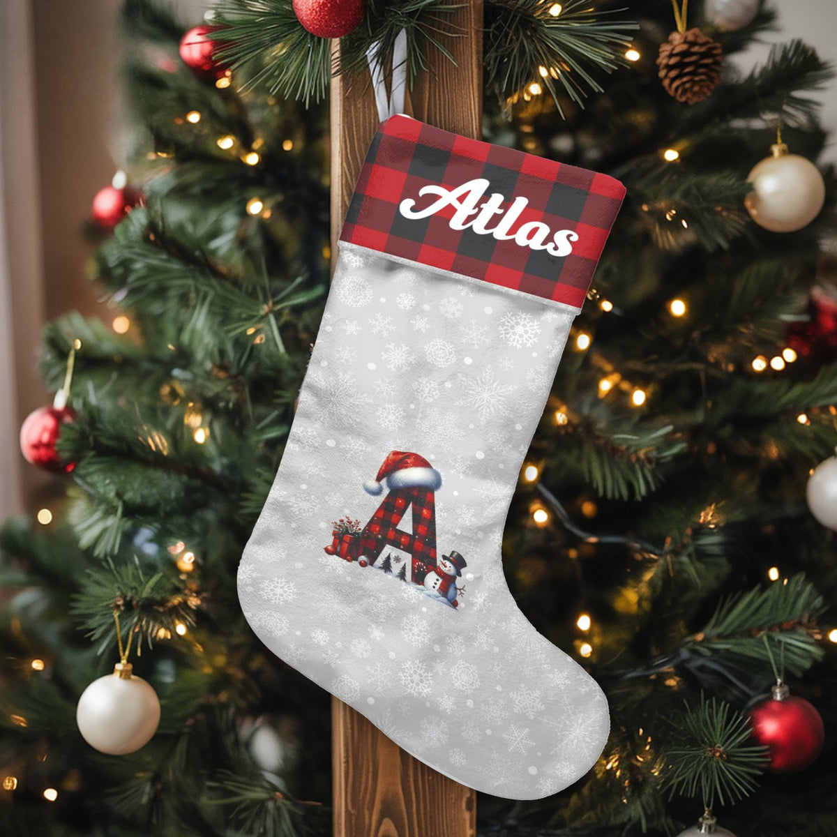 Custom Name Monogram Holiday Stocking, Personalized Buffalo Plaid Christmas Stocking, Rustic Plaid Xmas Stocking, Family Holi