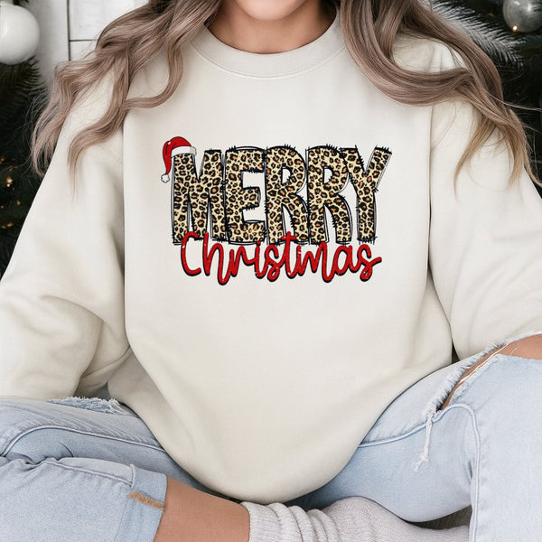 Leopard Print Festive Sweatshirt, Merry Christmas Sweatshirt, Trendy Holiday Graphic Crewneck, Comfy Winter Pullover Sweatshi