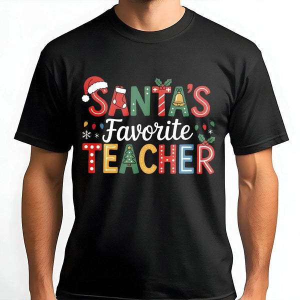 Festive Holiday School Graphic Tee, Santa's Favorite Teacher T-Shirt, Retro Educator Christmas Shirt, Adorable Teacher Christ
