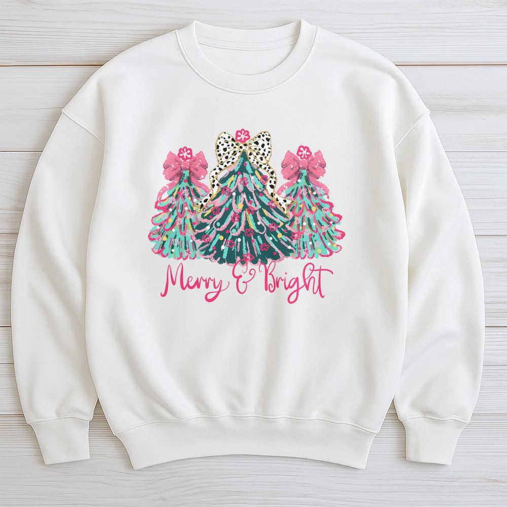 Leopard Print Tree Sweatshirt, Merry and Bright Christmas Sweatshirt, Colorful Holiday Crewneck, Festive Winter Pullover, Xma