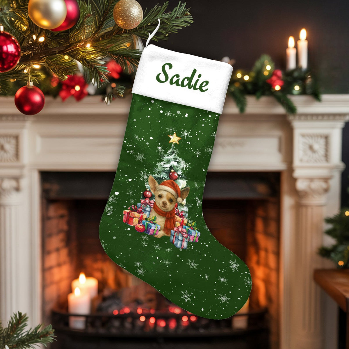 Custom Name Dog Holiday Stocking, Personalized Chihuahua Christmas Stocking, Adorable Puppy Pet Lover Christmas Stocking, Fes