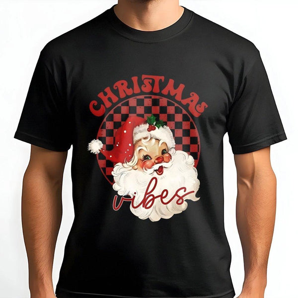 Retro Santa Buffalo Plaid Shirt, Christmas Vibes T-Shirt, Vintage Holiday Graphic Tee, Festive Buffalo Plaid Christmas Tee Pr