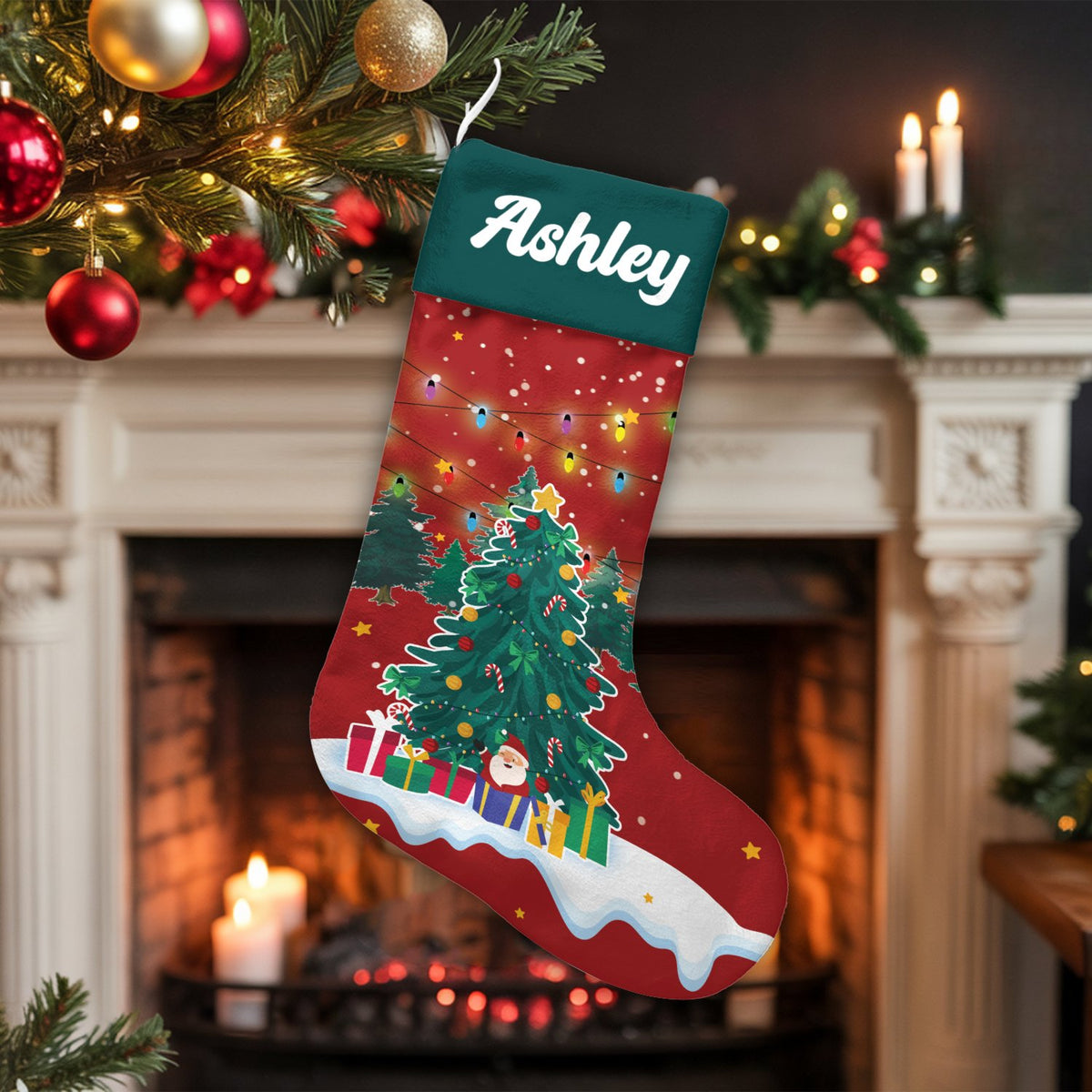 Custom Name Holiday Stocking, Personalized Santa Christmas Stocking, Christmas Tree Mantle Decor, Velboa Velvet Stocking, Fam