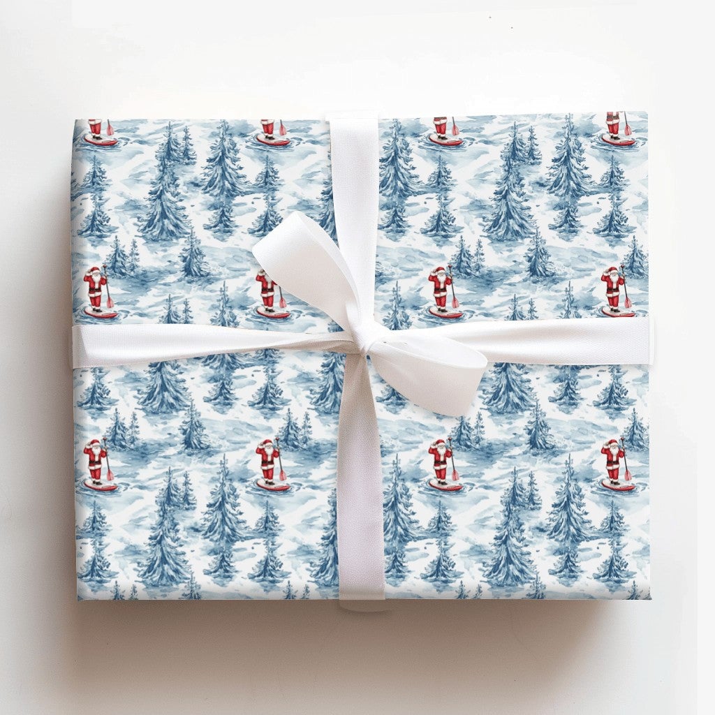 SUP Christmas Gift Wrap, Paddleboarding Santa Wrapping Paper, Winter Forest Holiday Present Paper, Adorable Coastal Xmas Gift