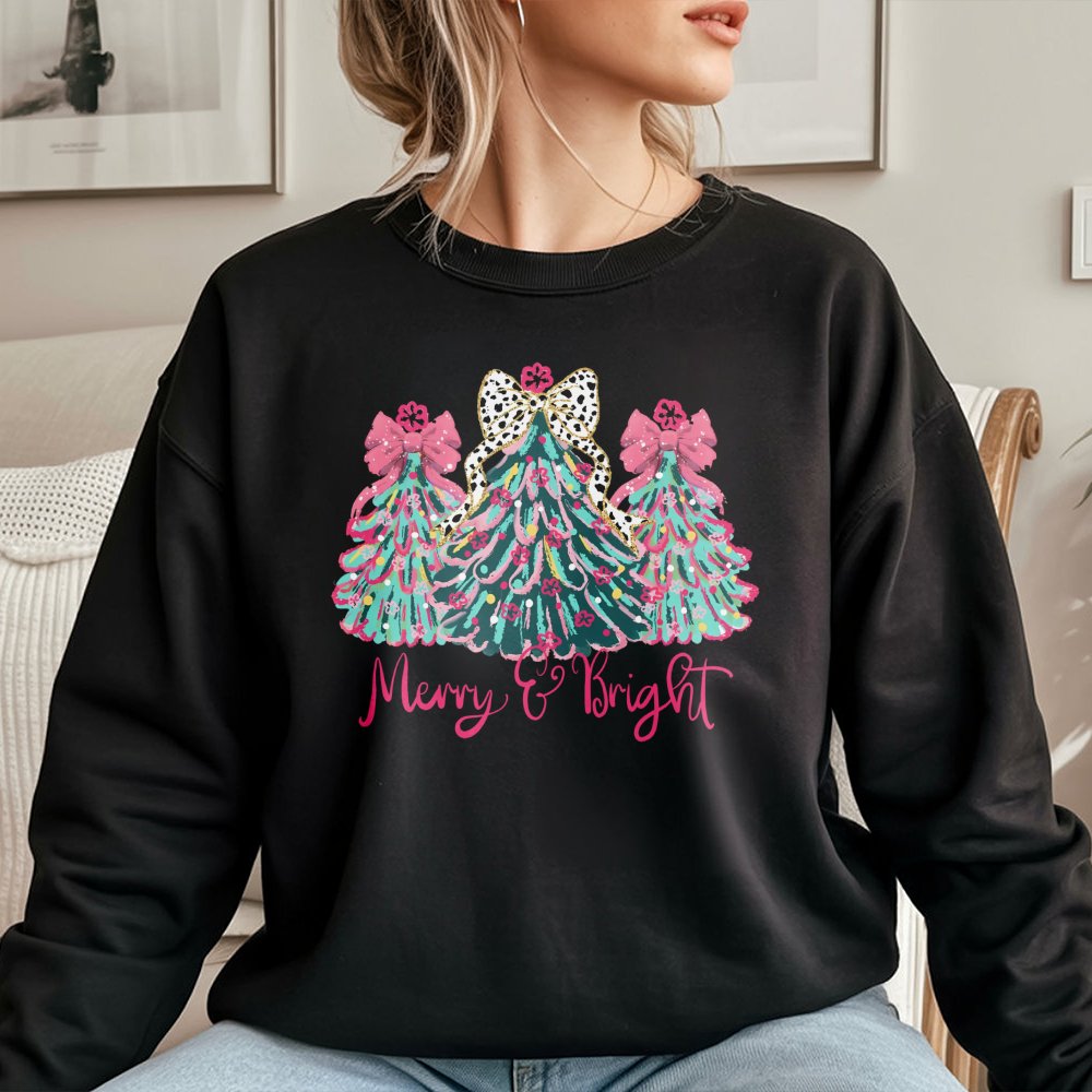Leopard Print Tree Sweatshirt, Merry and Bright Christmas Sweatshirt, Colorful Holiday Crewneck, Festive Winter Pullover, Xma