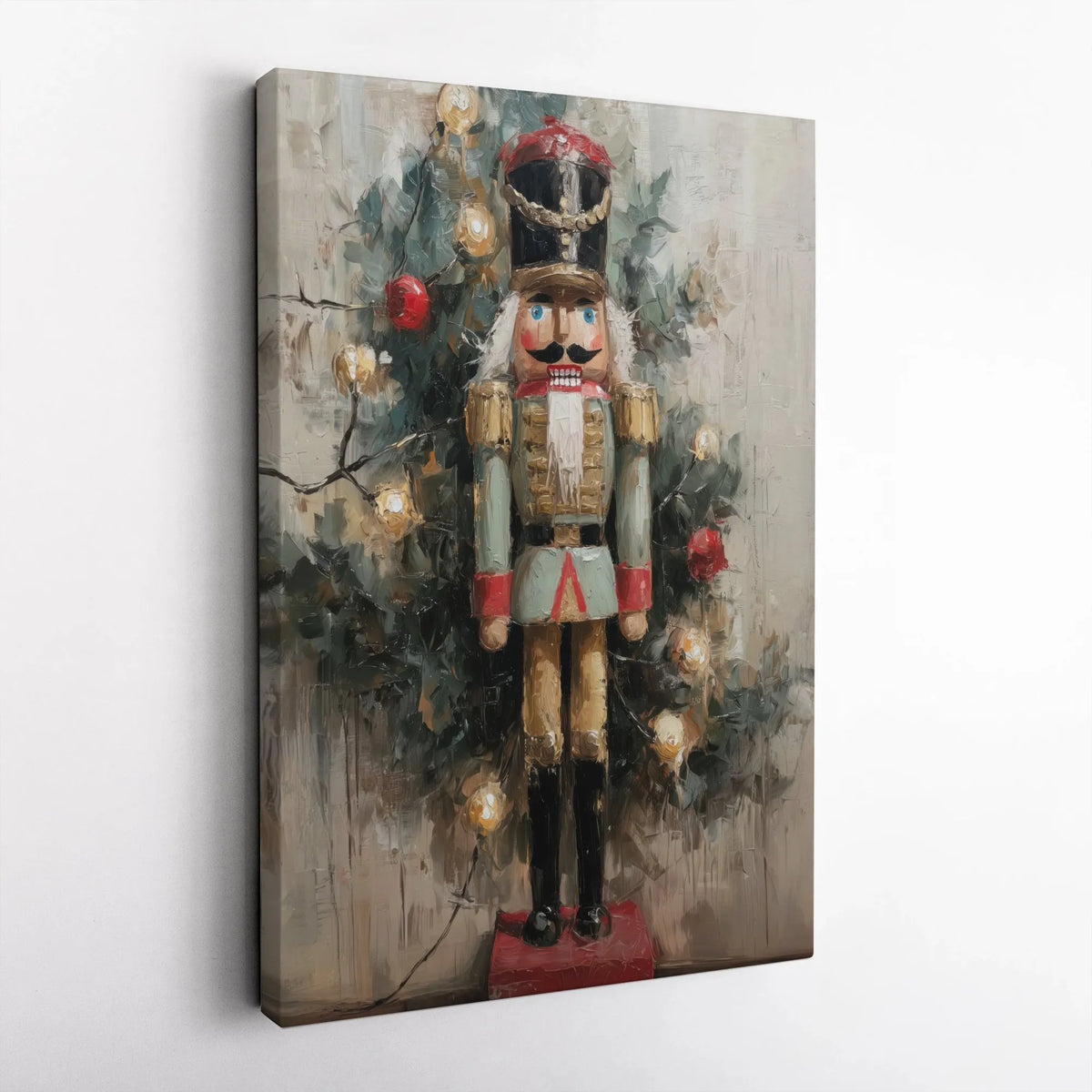 Christmas Tree Wall Art Canvas, Nutcracker Soldier Canvas Print, Impressionist Holiday Canvas Art, Festive Winter Wall Decor,