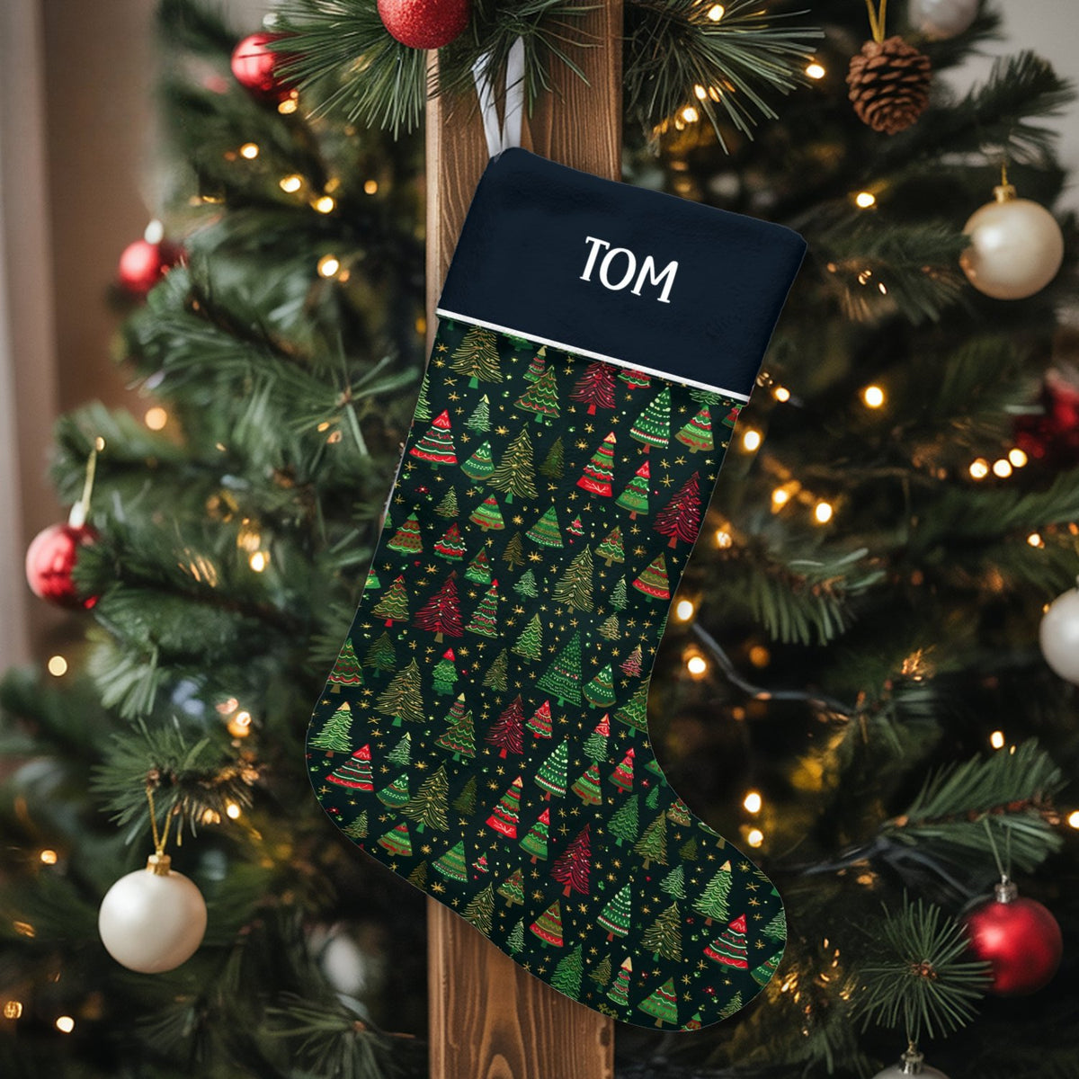 Custom Name Holiday Stocking, Personalized Christmas Tree Stocking, Festive Pattern Xmas Stocking, Comfy Winter Fireplace Man