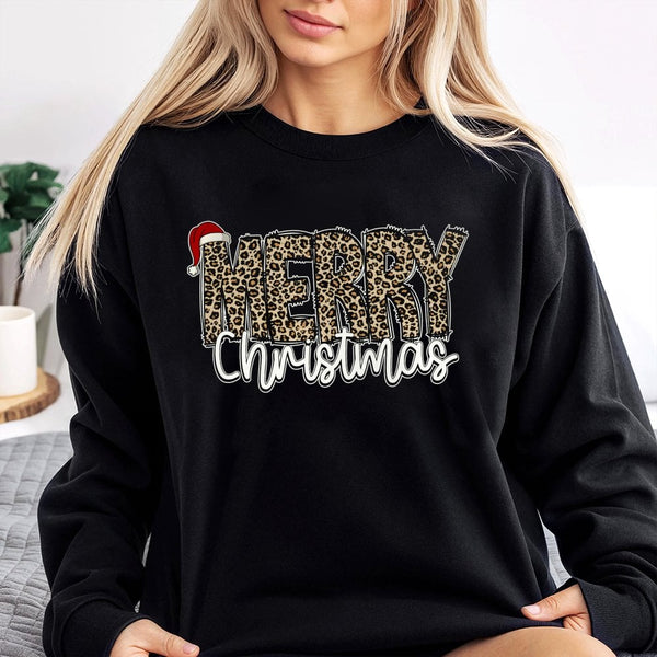 Leopard Print Santa Hat Holiday Crewneck, Merry Christmas Sweatshirt, Adorable Christmas Graphic Pullover, Comfy Winter Holid