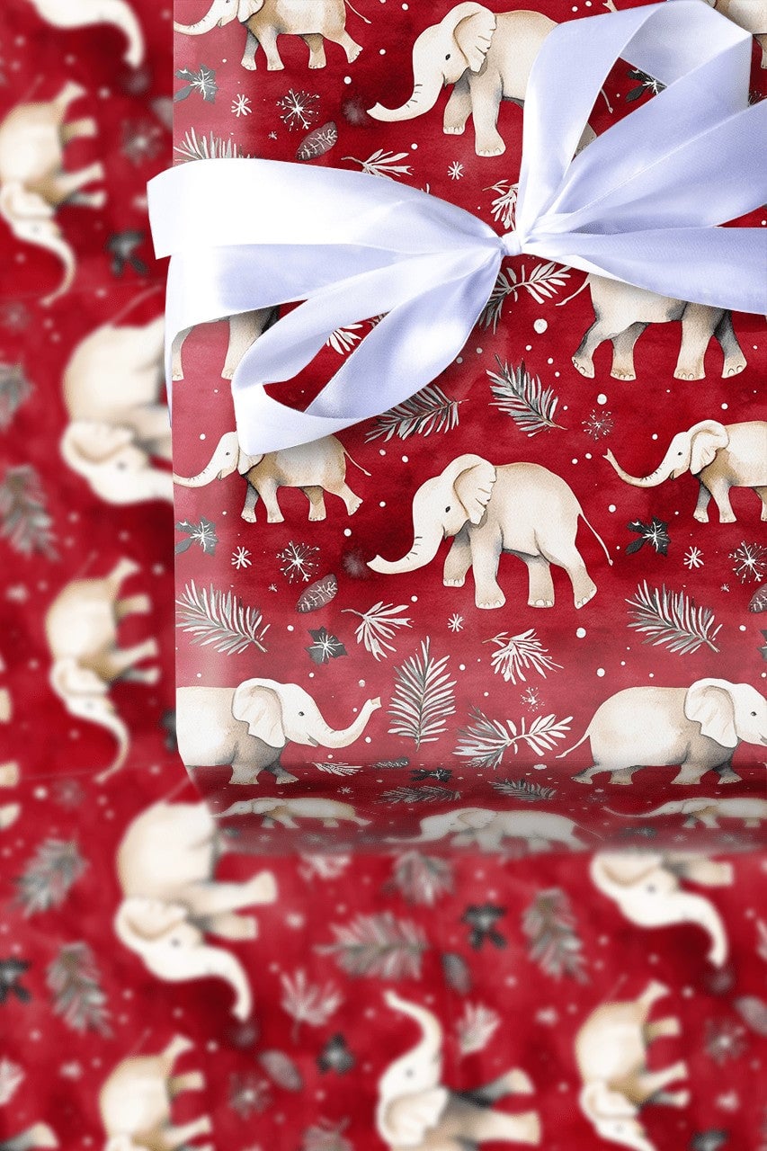 Festive Red Elephant Gift Wrap, Watercolor White Elephant Wrapping Paper, Christmas Elephant Wrapping Paper, Winter Botanical