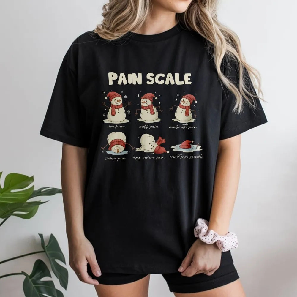 Humorous Medical Humor Shirt, Snowman Pain Scale Christmas Nurse T-Shirt, Holiday Healthcare Graphic Tee, Winter Hospital Tee
