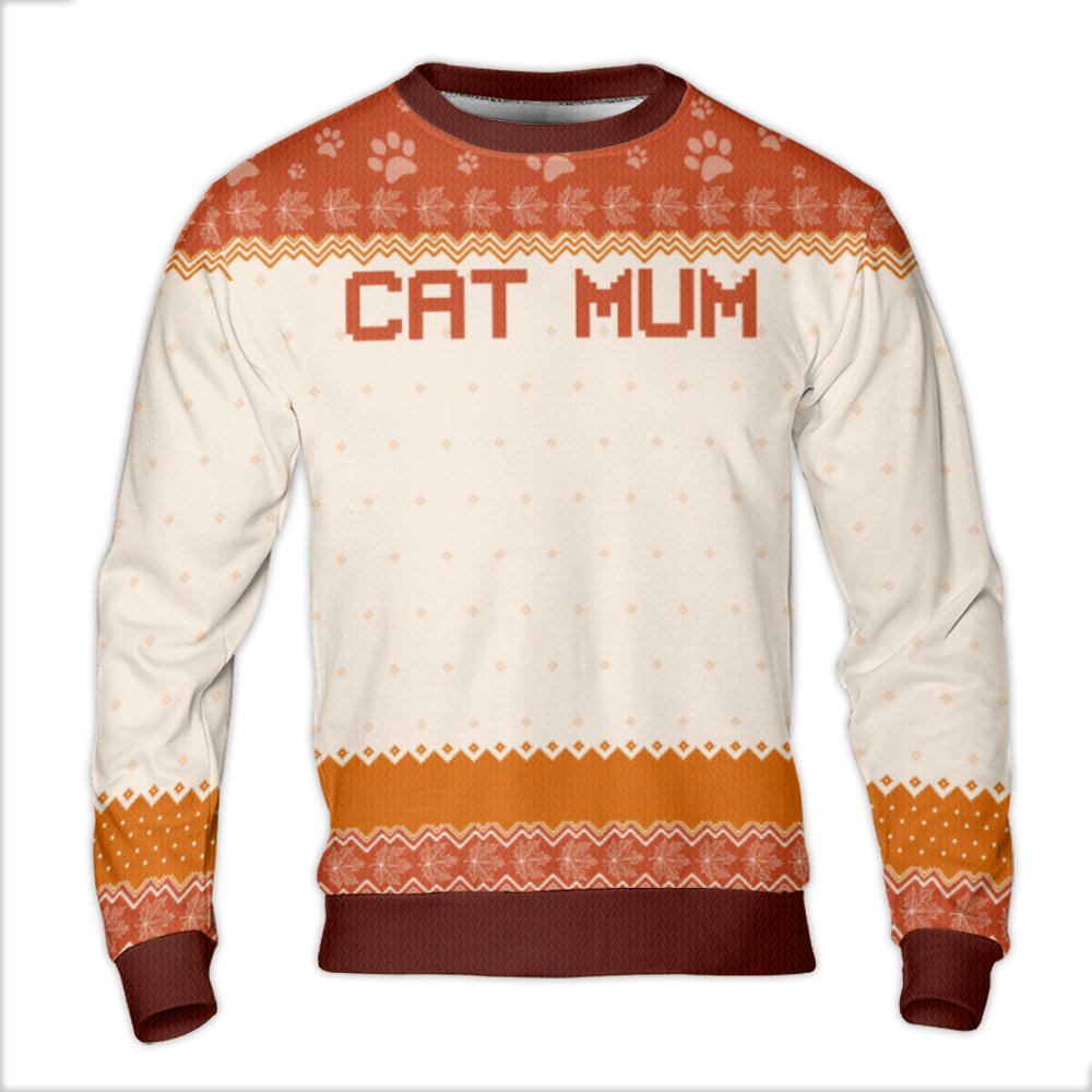 Autumn Paw Print Knit Fleece Pullover, Cat Mum Ugly Christmas Sweater, Festive Kitty Lover Holiday Sweatshirt, Cat Mom Presen